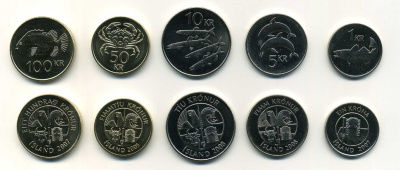 Исландия лот из 5 монет 2005-2008 (1, 5, 10, 50, 100 крон), рыбы UNC N2-15