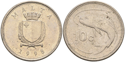 Мальта 10 центов 1998 золотая макрель KM 96 медно-никель 4588-248