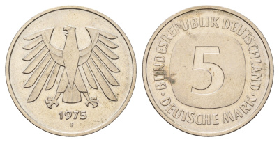 ФРГ 5 марок 1975 F КМ 140.1, J. 415 медно-никель плакированный никелем 4645-222