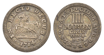 Брауншвейг-Каленберг-Ганновер 4 мариенгроша 1714 HCB, Георг I (1698-1727), из коллекции Ричарда Б. Смита Welter 2197, KM 33 серебро 1525-644