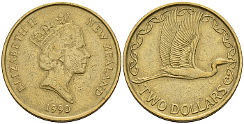 Новая Зеландия 2 доллара 1990 Елизавета II (1952-2022), большая белая цапля KM 79 алюминиевая бронза 259-1157