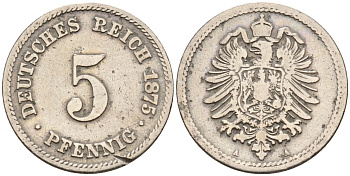 Германия 5 пфеннигов 1875 A, старогербовка KM 3, J. 3 медно-никель 4151-349