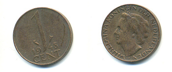 Нидерланды 1 цент 1948 Вильгельмина (1890-1948), год тип KM 175 бронза 83-913