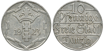 Данциг 10 пфеннигов 1923 KM 143, J. D5 (110) медно-никель 72-524