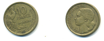 Франция 10 франков 1952 петух KM 915.1, Le Franc 363.4 алюминиевая бронза 83-327
