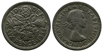 Великобритания 6 пенсов 1954 Елизавета II (1952-2022) KM 903, Spink 4149 медно-никель 4381-642