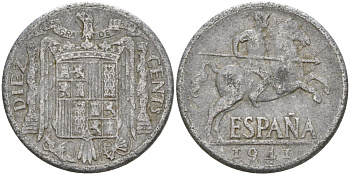 Испания 10 сентимо 1941 Франсиско Франко (1939 - 1975) KM 766 алюминий 4155-223