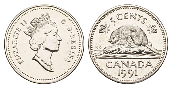 Канада 5 центов 1991 Елизавета II (1952-2022), бобр KM 182 медно-никель PROOF-LIKE (BU) 4639-518