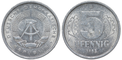 ГДР 5 ПФЕННИГОВ 1983 A КМ 9.2 алюминий 62-531