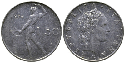 Италия 50 лир 1974 R, бог огня Вулкан у наковальни KM 95.1 сталь    91-612