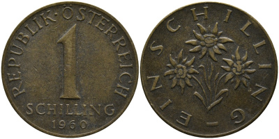 Австрия 1 шиллинг 1960 KM 2886 алюминиевая бронза 33-437
