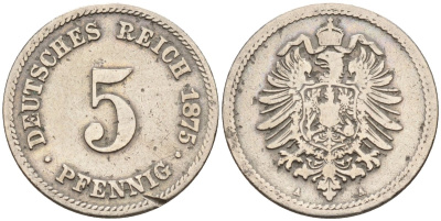 Германия 5 пфеннигов 1875 A, старогербовка KM 3, J. 3 медно-никель 4151-349