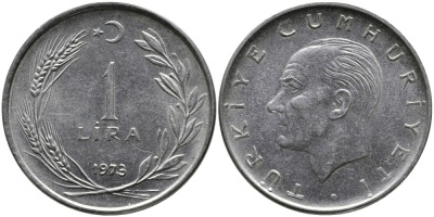 Турция 1 лира 1973 Мустафа Кемаль Ататюрк KM 889а.2 нержавеющая сталь 4364-3052