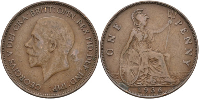 Великобритания 1 пенни 1936 Георг V (1910-1936) KM 838, Spink 4055 бронза 3855-835