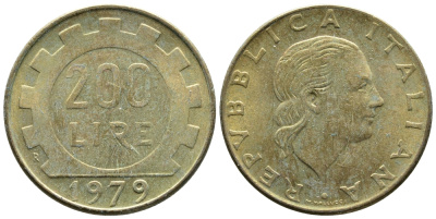 Италия 200 лир 1979 R, шестерня KM 105 алюминиевая бронза 3459-153