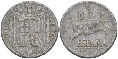 Испания 10 сентимо 1941 Франсиско Франко (1939 - 1975) KM 766 алюминий 4155-223