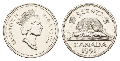 Канада 5 центов 1991 Елизавета II (1952-2022), бобр KM 182 медно-никель PROOF-LIKE (BU) 4639-518