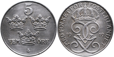 Швеция 5 эре 1919 Густав V (1907-1950) KM 791 железо 4389-124