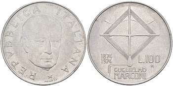 Италия 100 лир 1974 R, 100 лет со дня рождения МАРКОНИ KM 102 нержавеющая сталь 3855-1143