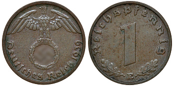 ГЕРМАНИЯ 1 РЕЙХСПФЕННИГ 1939 E J 361, KM 89 бронза 72-1638