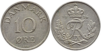 ДАНИЯ 10 ЭРЕ 1956 C; S, ФРЕДЕРИК IX (1947-1972) КМ 841.2 медно-никель 4398-922
