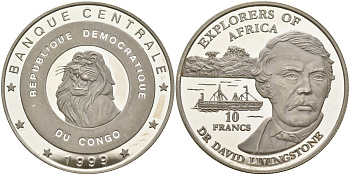 Конго 10 франков 1999 исследователи Африки - доктор Давид Ливингстон, тираж 10000 экз. KM 20 серебро PROOF 04-319-33