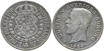 Швеция 1 крона 1924 1.9.2.4 W, Густав V (1907-1950) KM 786.1 серебро 1530-925