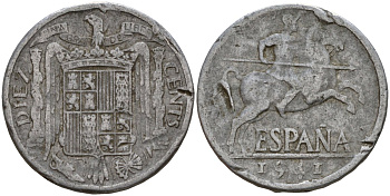 Испания 10 сентимо 1941 рыцарь на коне, Франсиско Франко (1939-1975) KM 766 алюминий 4187-842