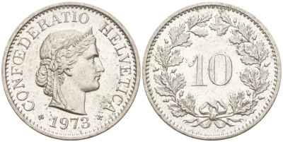 Швейцария 10 раппенов 1973 KM 27 медно-никель 55-445