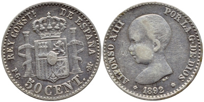 ИСПАНИЯ 50 СЕНТИМО 1892 (92) PG-M, АЛЬФОНСО XIII KM 690 серебро 443-535