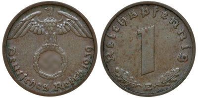 ГЕРМАНИЯ 1 РЕЙХСПФЕННИГ 1939 E J 361, KM 89 бронза 72-1638