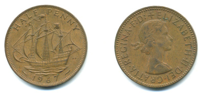 Великобритания 1/2 пенни 1967 Елизавета II (1952-2022) KM 896, Spink 4158 бронза 4383-331