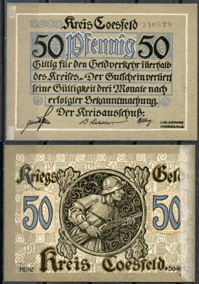 Германия, Косфельд 50 пфеннигов 1918 нотгельд, 6 цифр в номере Tieste 1185.05.02 бумага UNC (пресс) 444-77-3-2