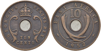 Британская Восточная Африка 10 центов 1952 Георг VI (1936-1952) KM 34 бронза 3333-1216