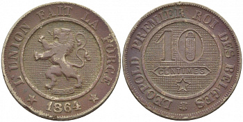 БЕЛЬГИЯ 10 САНТИМОВ 1864 BELGES KM 22 медно-никель 4448-811
