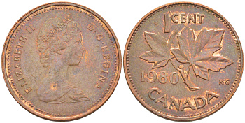 Канада 1 цент 1980 Елизавета II (1952-2022), кленовый лист KM 127 бронза 4181-1258