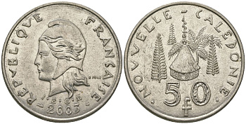 Французская Новая Каледония 50 франков 2003 хижина среди сосен и пальм, (IEOM) KM 13, Schoen 15, Lec 121 никель 111-711
