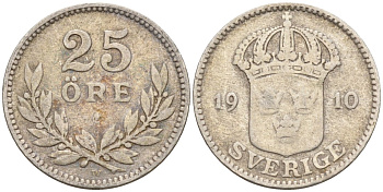 Швеция 25 эре 1910 W, Густав V (1907-1950) KM 785 серебро 4147-936