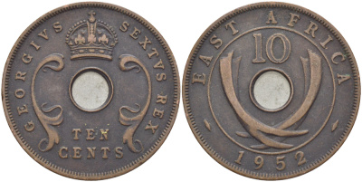 Британская Восточная Африка 10 центов 1952 Георг VI (1936-1952) KM 34 бронза 3333-1216