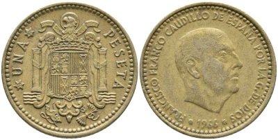 ИСПАНИЯ 1 ПЕСЕТА 1966 (67) ФРАНСИСКО ФРАНКО ДИКТАТОР ИСПАНИИ (1939-1975) KM 796 алюминиевая бронза 110-1223