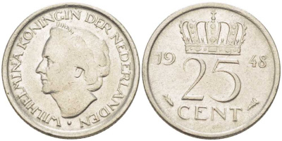 НИДЕРЛАНДЫ 25 ЦЕНТОВ 1948 ВИЛЬГЕЛЬМИНА (1890-1948) KM 177 никель 211-626