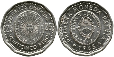 Аргентина 25 песо 1965 первая монета отчеканенная в Аргентине в 1813 году KM 61 сталь плакированная никелем 4525-956