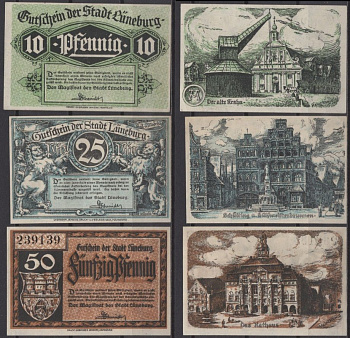 Люнебург полный набор из 3 нотгельдов (10, 25 и 50 пфеннигов) 1920 Mehl Grabowski L74 бумага UNC (пресс) 7556-17-1-1