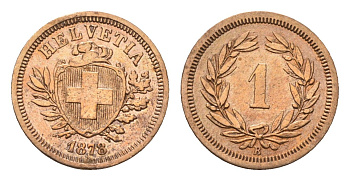 Швейцария 1 раппен 1878 B KM 3.1 бронза 1530-1143
