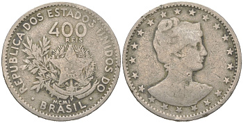Бразилия 400 реалов 1901 MCMI, голова свободы вправо KM 505 медно-никель 4612-454
