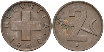 Швейцария 2 раппена 1948 В KM 47 бронза 4591-512