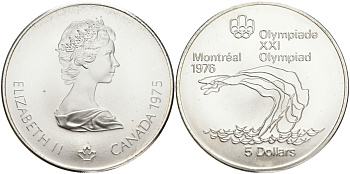 Канада 5 долларов 1975 XXI летние Олимпийские игры в Монреале 1976 года, прыжки в воду KM 101 серебро UNC 1525-515