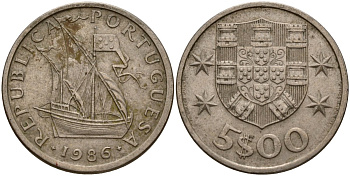 Португалия 5 эскудо 1986 KM 591 медно-никель 4156-556