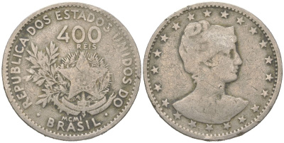 Бразилия 400 реалов 1901 MCMI, голова свободы вправо KM 505 медно-никель 4612-454