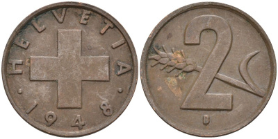 Швейцария 2 раппена 1948 В KM 47 бронза 4591-512